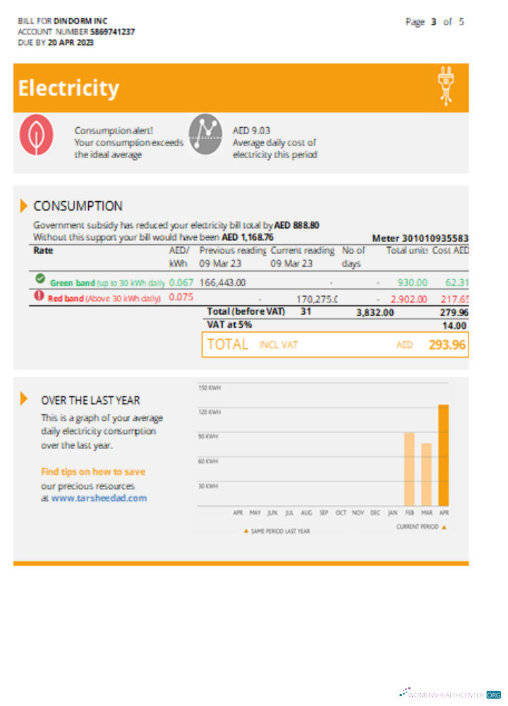 Download Al Ain Distribution Company utility business bill, page 3, SCR Photoshop template